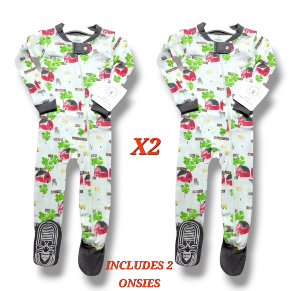 2 Burt's Bees Baby Boy 12M Barnyard Scene Organic Cotton Snug Fit Footed Pajama